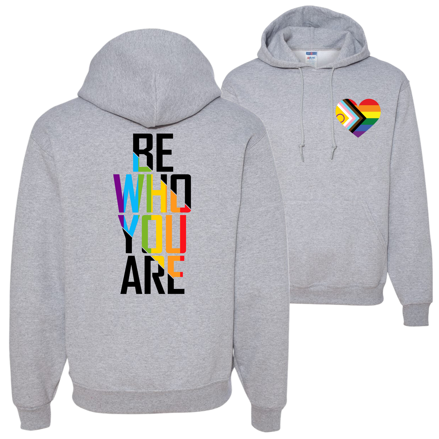 Be Who You Are Pride shirt with rainbow heart and bold rainbow Be Who You Are back print