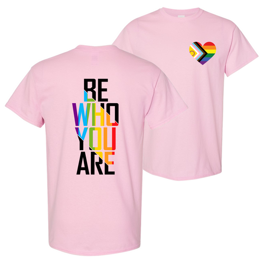 Unisex LGBTQ+ statement t-shirt with rainbow heart pocket print and rainbow Be Who You Are back print