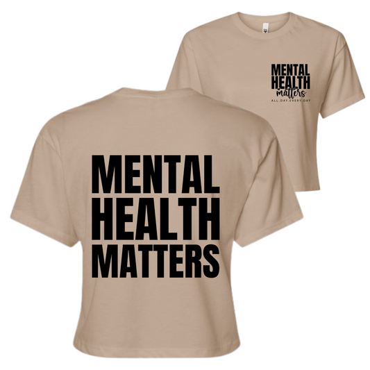 Tan Cropped Top with 'Mental Health Matters' text on a white background