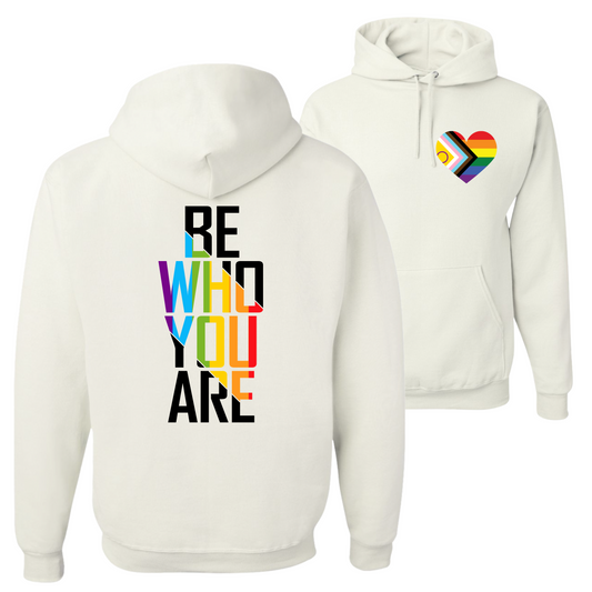 Unisex LGBTQ+ statement hoodie sweatshirt with rainbow heart pocket print and rainbow Be Who You Are back print