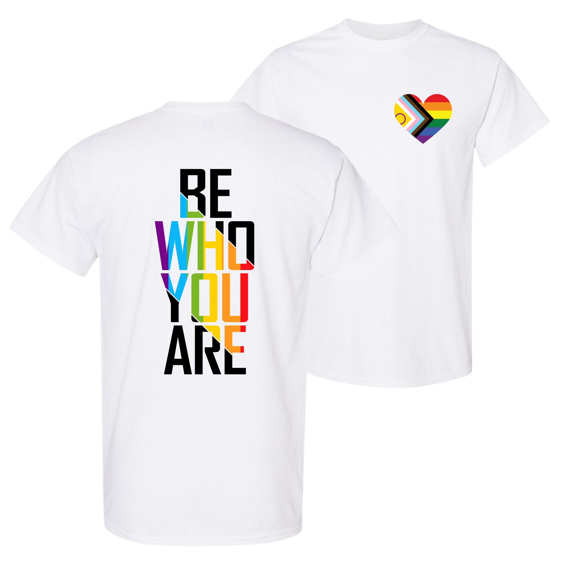 Unisex LGBTQ+ statement shirt with rainbow heart pocket print and rainbow Be Who You Are back print