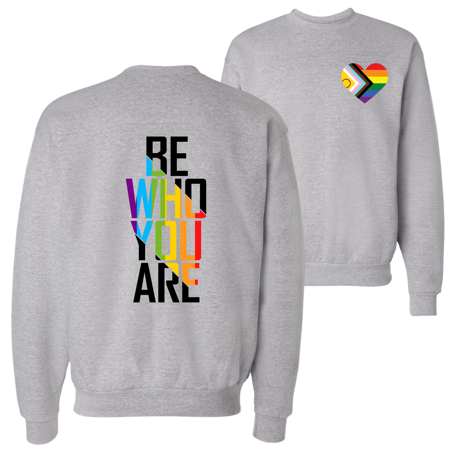 Soft unisex Pride top by Resiliently Bold rainbow heart pocket print and rainbow Be Who You Are back print