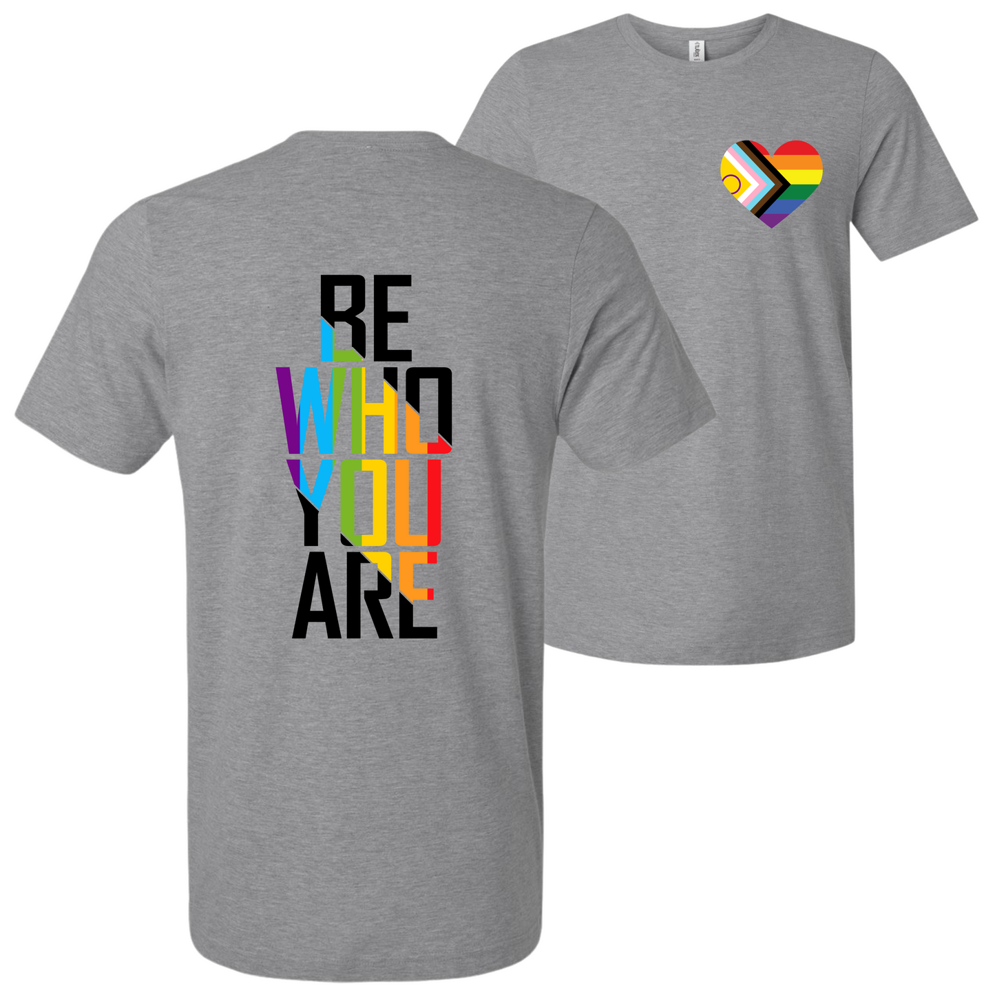 Back view of Be Who You Are Pride tee with colorful bold text