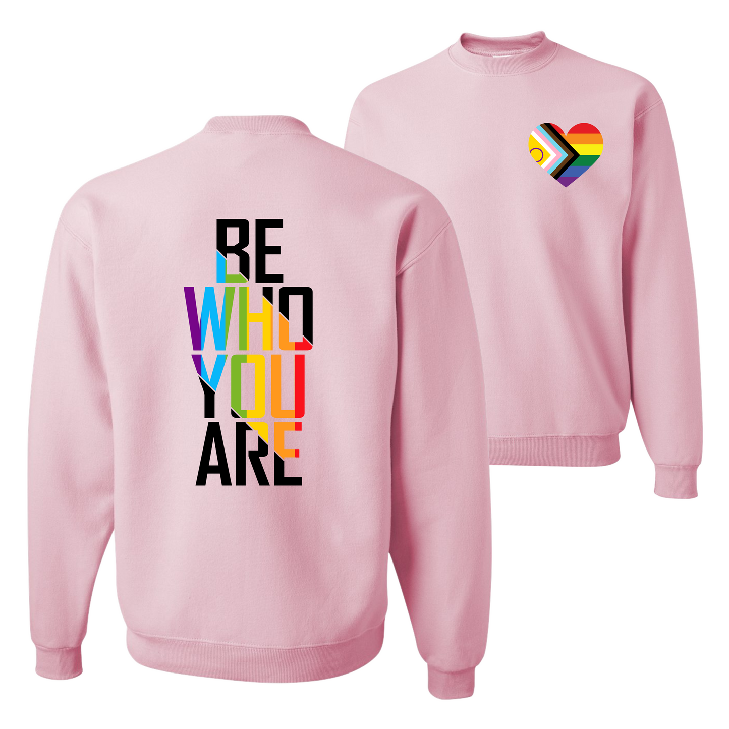 Unisex LGBTQ+ light pink statement crewneck sweatshirt with rainbow heart pocket print