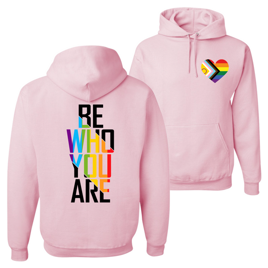 Unisex LGBTQ+ statement pink hoodie sweatshirt with rainbow heart pocket print