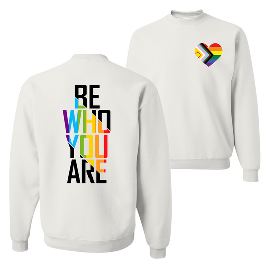 Unisex LGBTQ+ statement white crewneck sweatshirt with rainbow heart pocket print and rainbow Be Who You Are back print