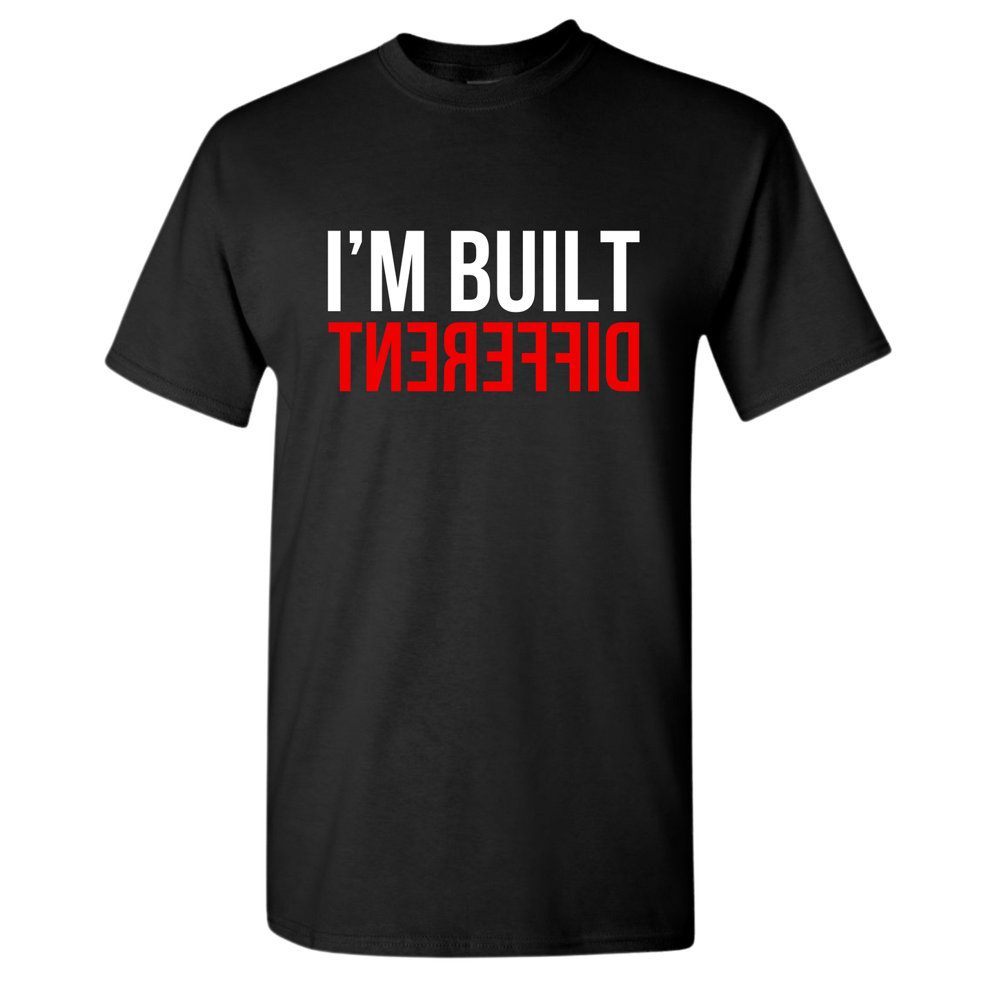 Black t-shirt with 'I'm Built Different' text in white and red on a white background