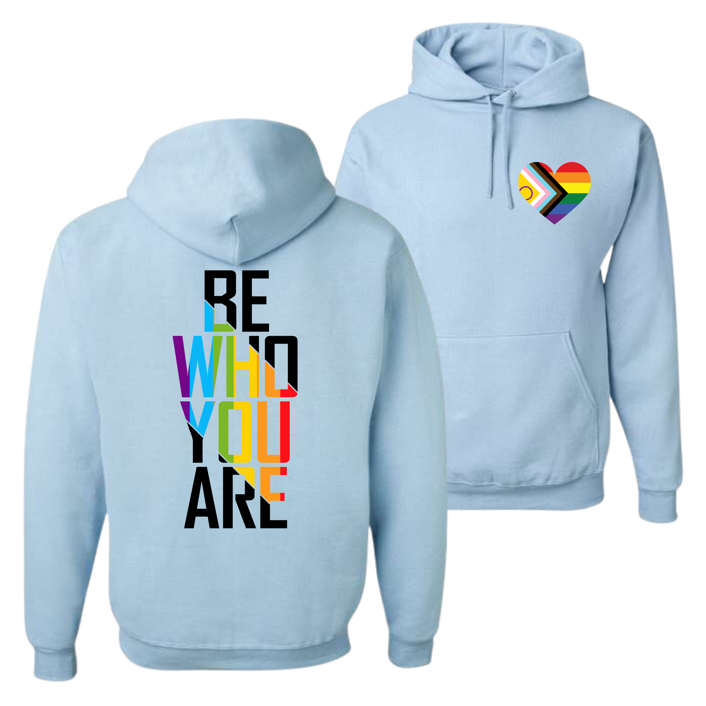 Unisex LGBTQ+ light blue statement hoodie sweatshirt with rainbow heart pocket print