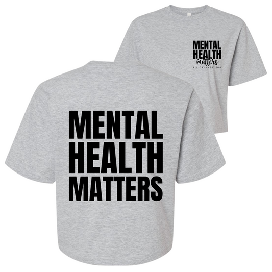 Gray Cropped Top with 'Mental Health Matters' text on a white background